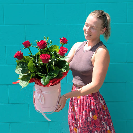 'HALF DOZEN' Romantic Red Roses Deluxe Bouquet in Pink Hat Box